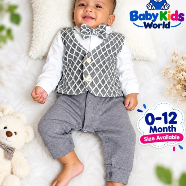 Newborn Baby Boy Formal Romper Suit with Vest & Bow Tie (0-12 Months)